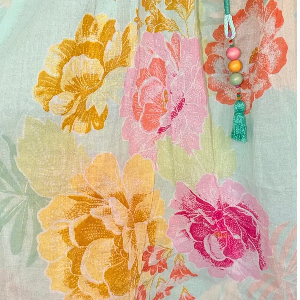 Farm Rio Basel Peasant Top Floral Sheer Cotton Beaded Tassels